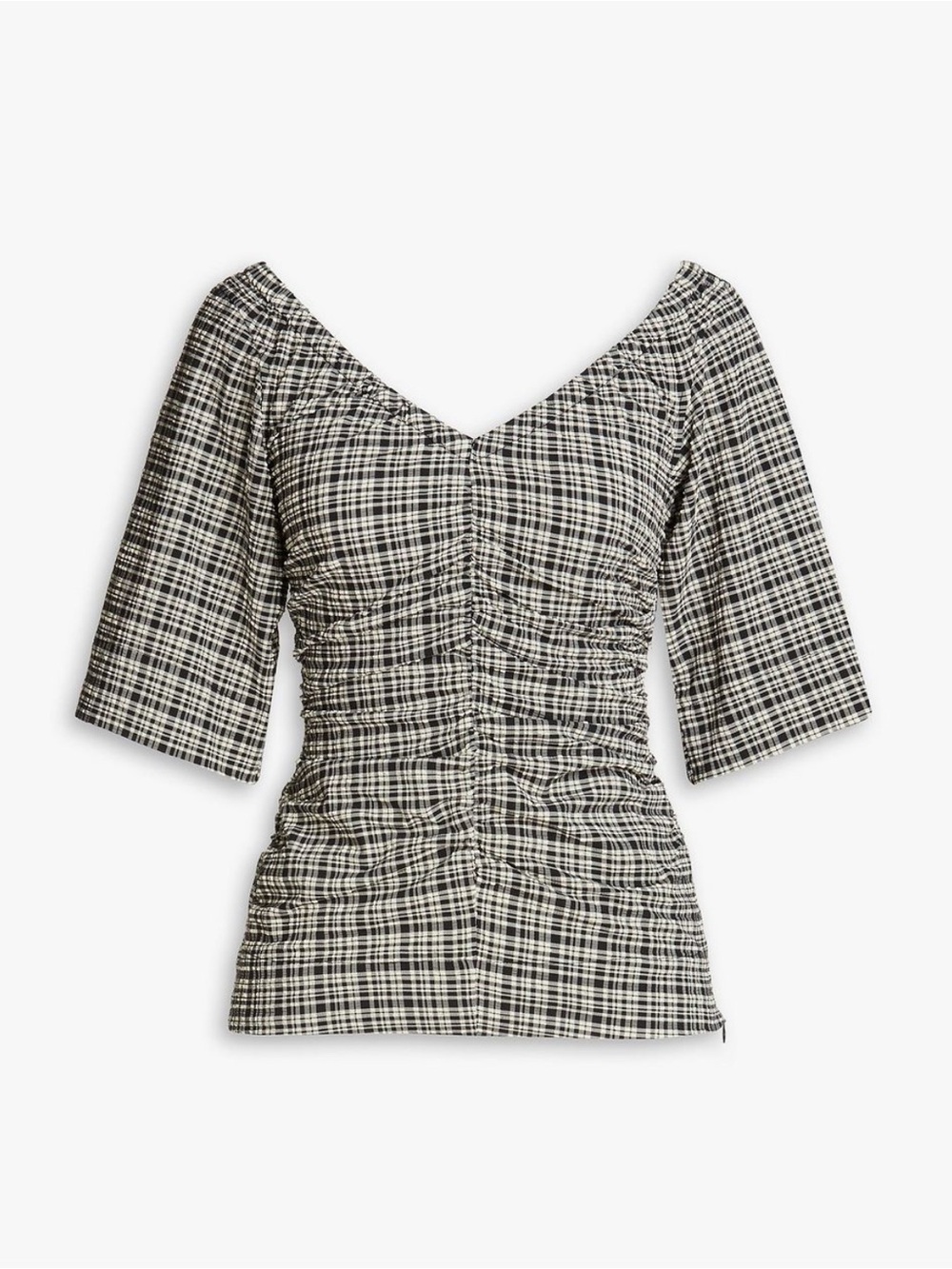 Ganni Black and White Plaid Ruched V-Neck Top